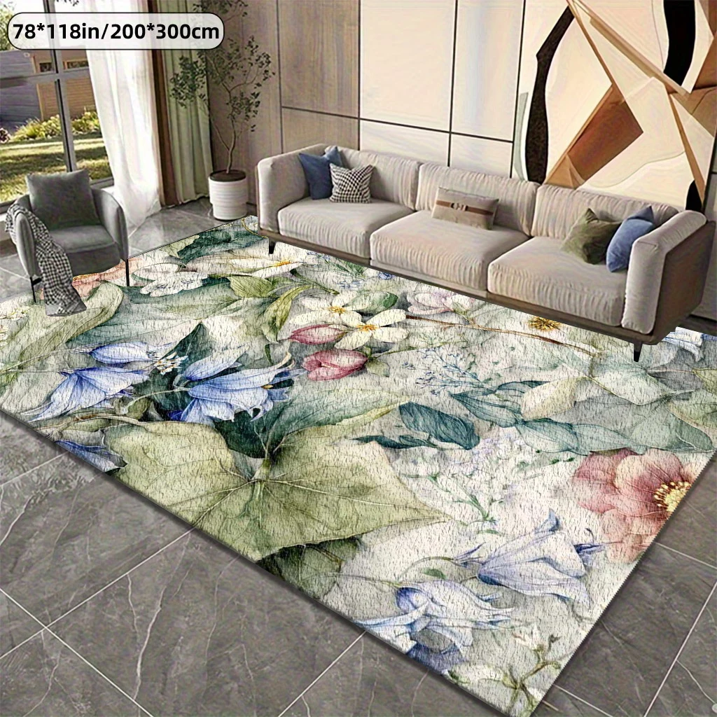 Watercolor Floral Pattern Carpet Green Leaf Bluebell Pink Tulip Soft Carpet Living Room Bedroom Non-Slip Floor Mat