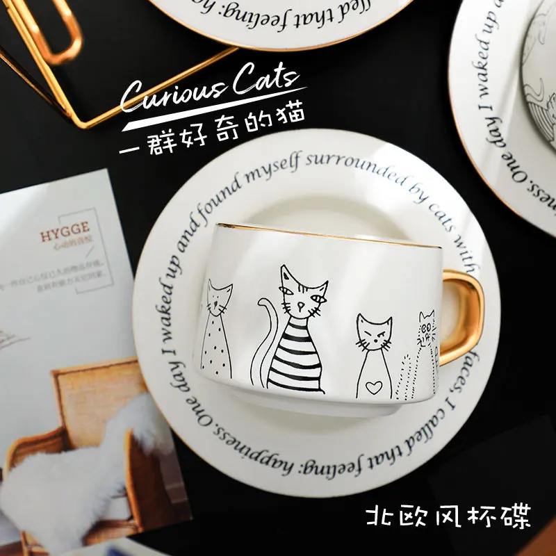 Creative Cat Coffee Cup Set Ceramic Cup With Dish Milk Water Mug Breakfast Mugs Office hand-brewed coffee cup Drinkware