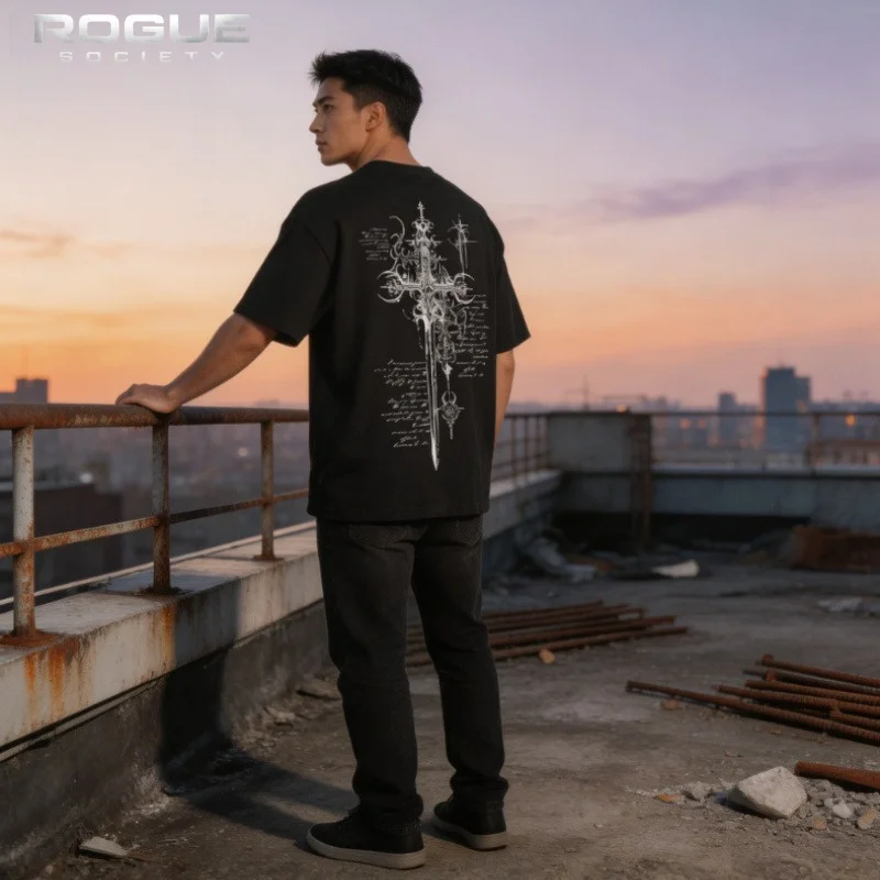 New American Gothic Streetwear Cross Sword Print Hip Hop Tshirt Men Letter Short Sleeve High Street Y2K Harajuku Aesthetic Tees