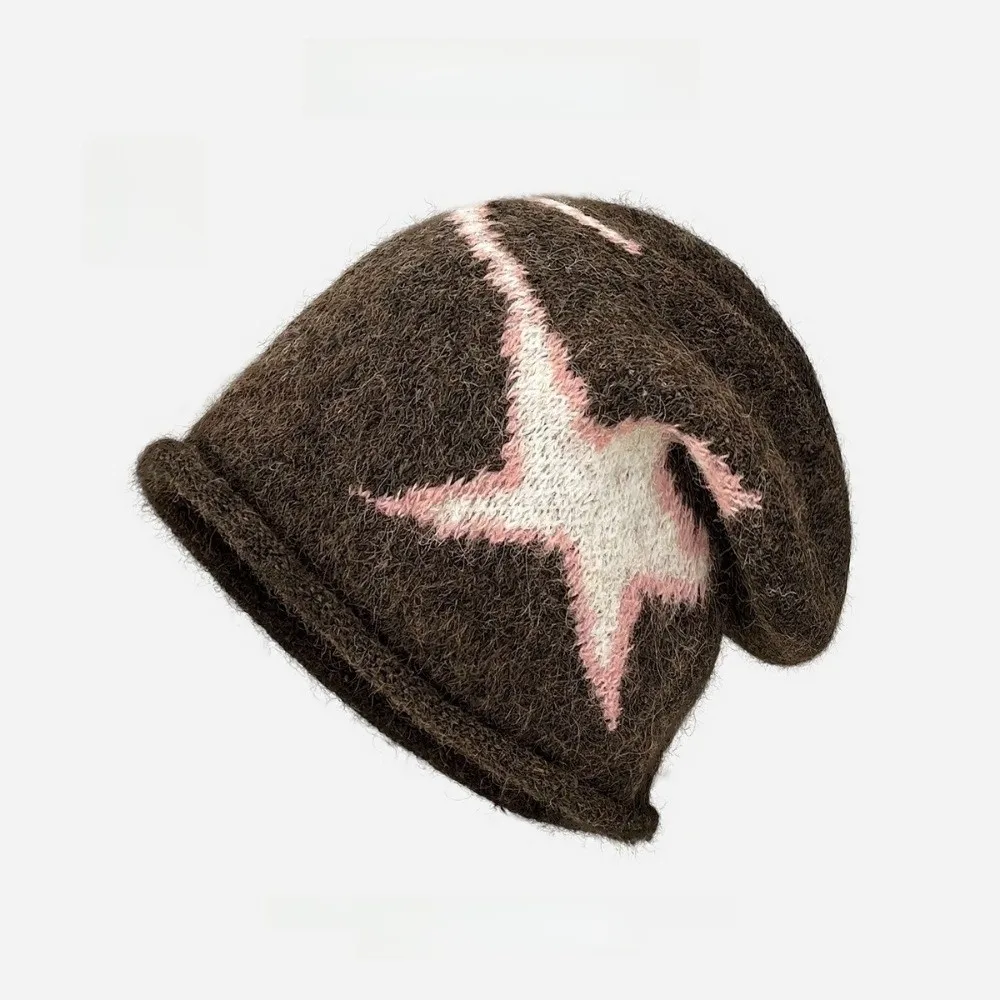 Fashion Star Patterned Beanie Cap Elastic Soft Brimless Knitted Hat Ear Protection Edge Curl Slouchy Hat