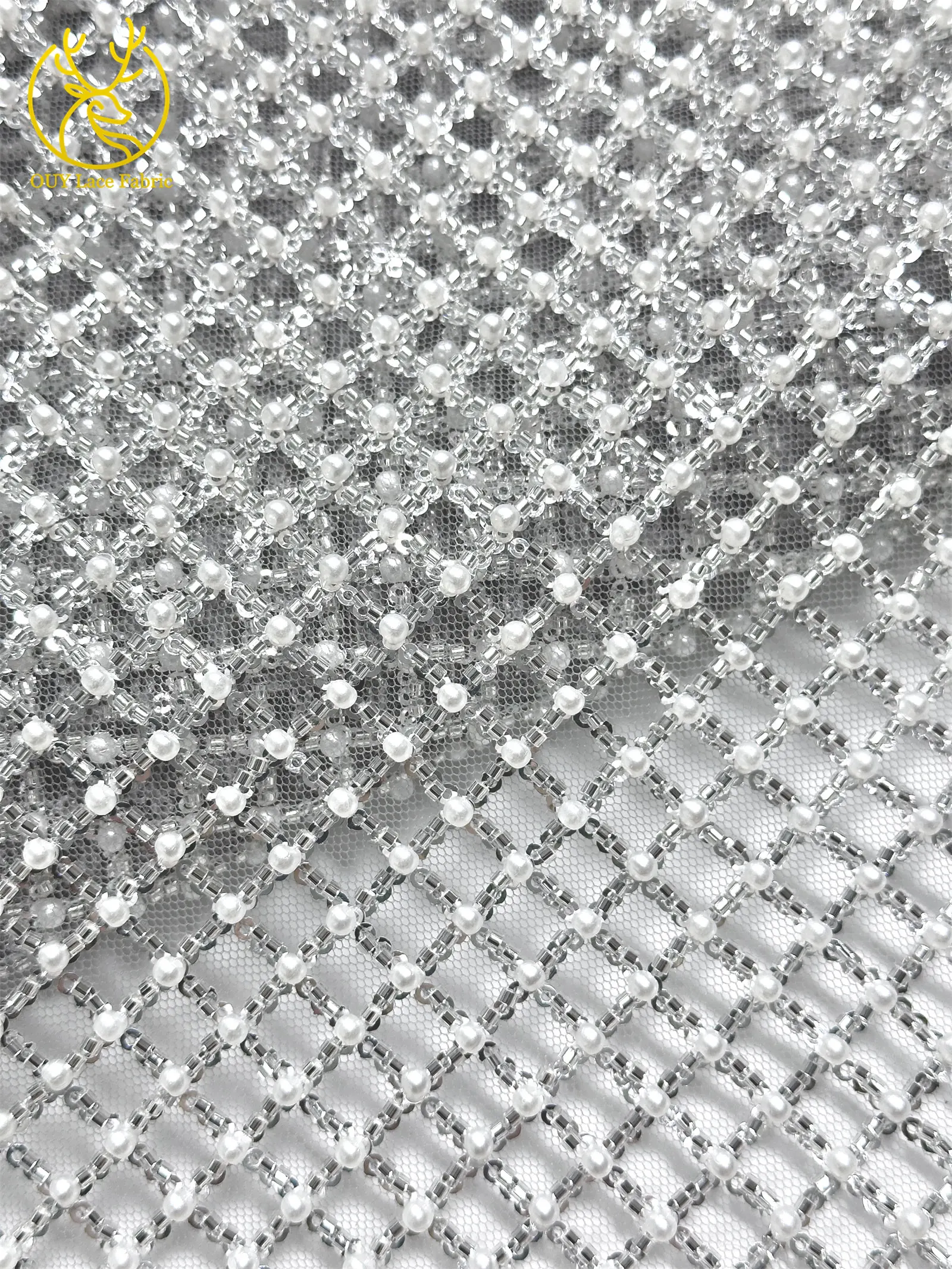 Luxuriöser Partykleid-Spitzenstoff, Tüll-Spitzenstoff mit Perlen, Hochwertiger Pailletten-Netz-Spitzenstoff für Hochzeitskleider, 5 Yards – Detail 17