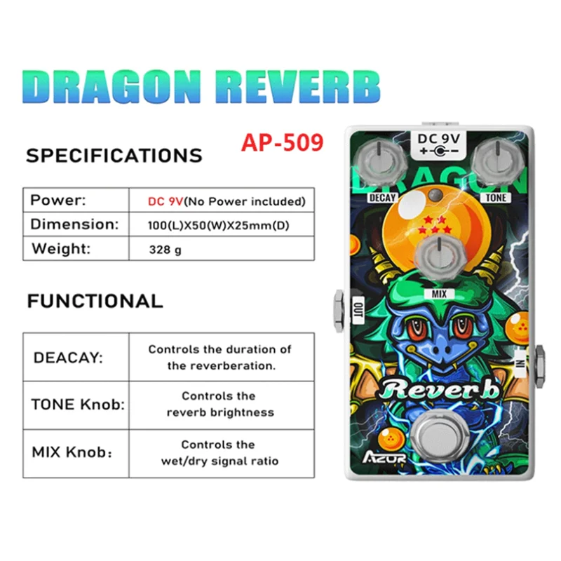 AZOR 12 زودياك سلسلة التنين ريفيرب الغيتار دواسة تأثير ريفيرب دواسة صغيرة تأثيرات الغيتار الملحقات