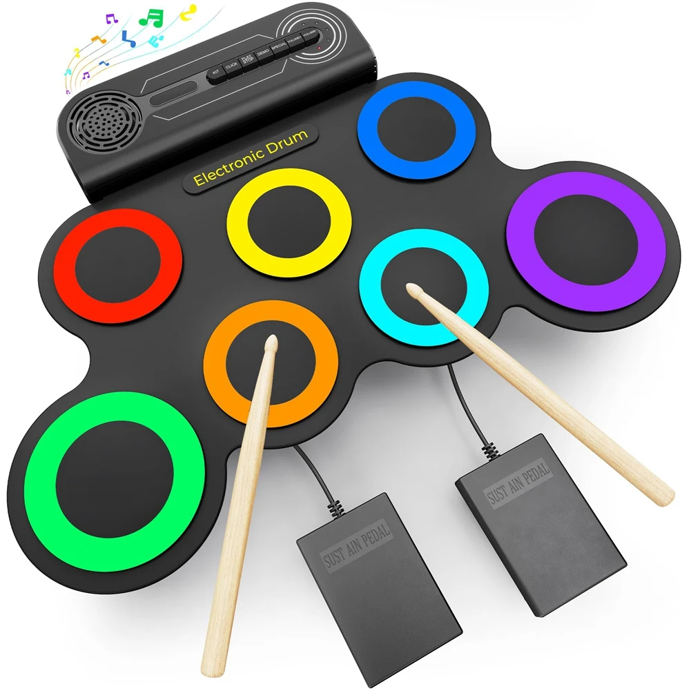 مجموعة أدوات الطبول الكهربائية FFYY، مكبر صوت مدمج، آلة طبلة قابلة للطي للأطفال مع دواسات قدم، أعواد طبلة متعددة الألوان والأسود