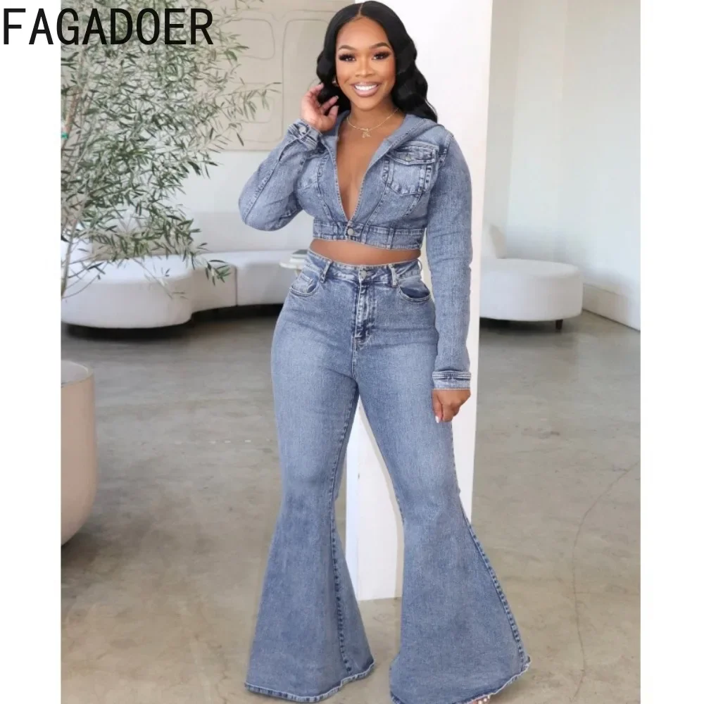 FAGADOER Vintage Denim Fashion Flared Pants Two Piece Sets Women Hooded Long Sleeve Crop Top + Pants Outfits Female Cowboy Suits