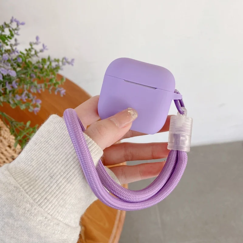 Sturzsichere, staubdichte, violette Silikon-Kopfhörerhülle mit Trageband für Airpods 1, 2, Pro, Pro2, Pro3