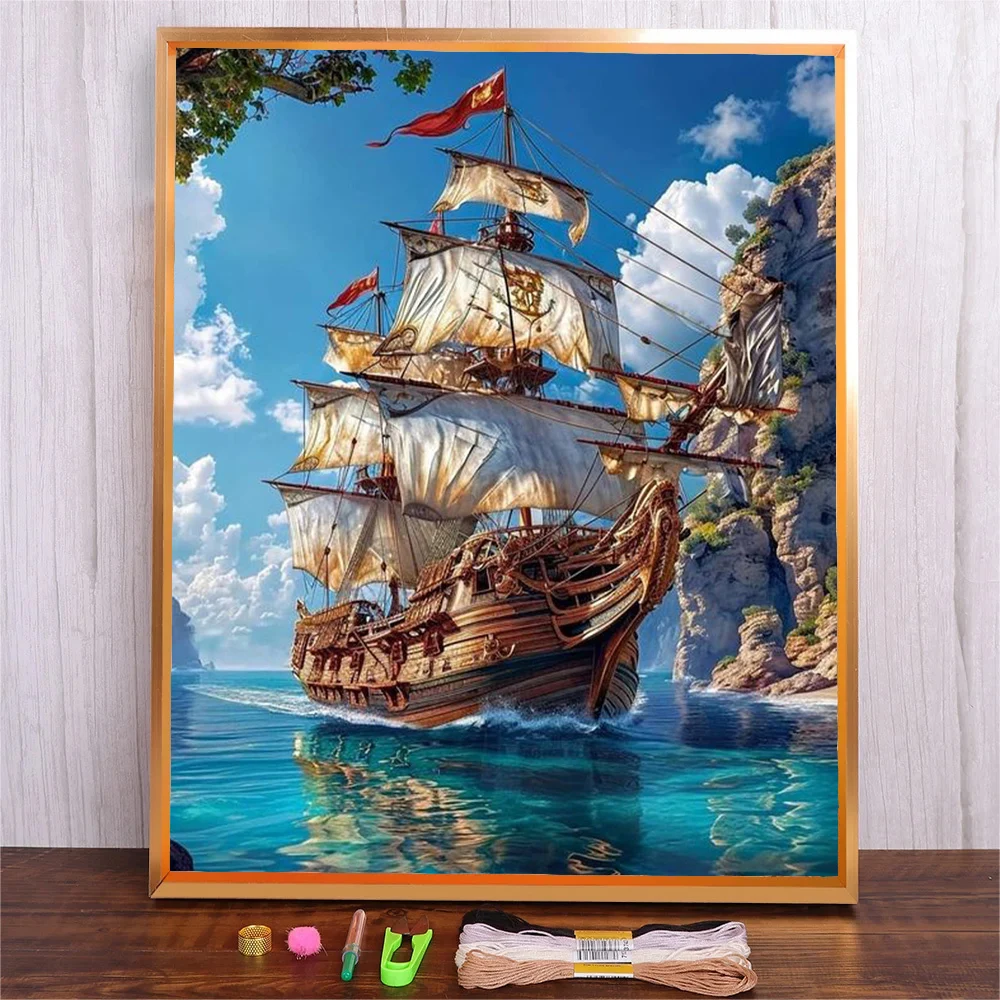 

Seascape Sailboat Cross Stitch Scenery DIY Embroidery Kit Home Fashionable Decorative Painting 11CT Prints Needlework Handicraft