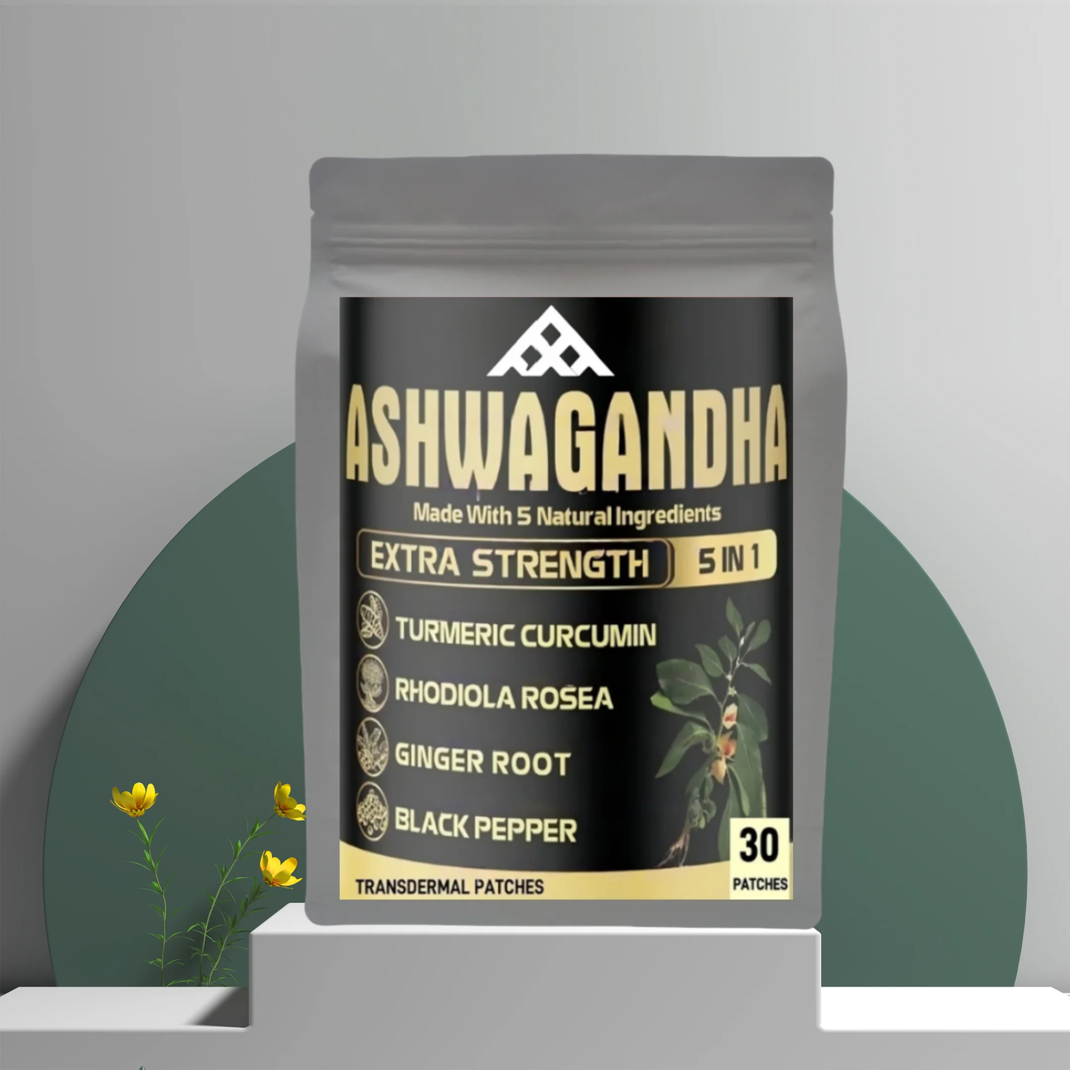 30 Patches Ashwagandha Transdermal Patches With Rhodiola Rosea, Ginger, Black Pepper - Strength Immune Support