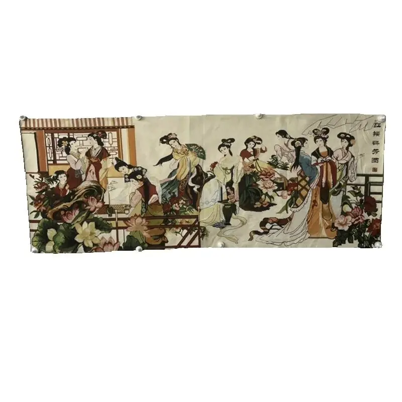 Chinese Old Color Brocade Embroidery 'Portrait of a Lady in the Red Chamber' Wall Painting Decorative Home Artwork