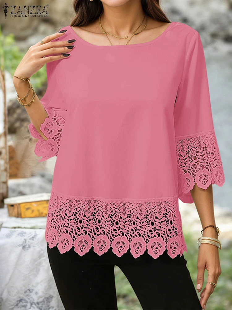 

ZANZEA Women Solid Color Work Fashion Blouses 2025 Summer Lace Patchwork Elegant Tops Casual 3/4 Sleeve O Neck Blusas OL Tunic