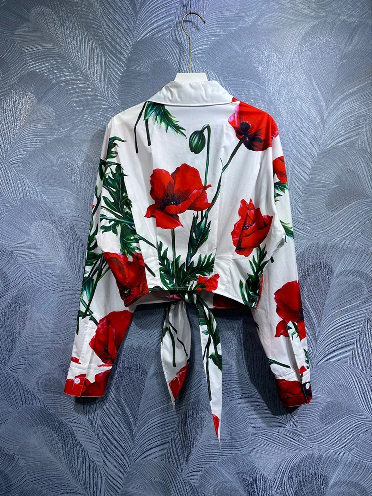 JUNLINNA 100% Cotton Casual Shirts Spring Summer Women Red Flower Printing Blouses High Street Lady Laptops