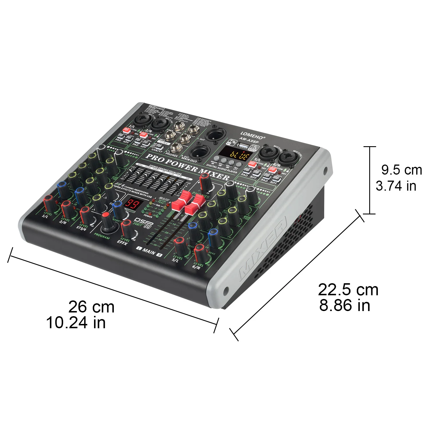 Wzmacniacz mocy LOMEHO mikser Audio 6 kanałowy 100W Bluetooth 99 cyfrowy efekt konsola miksująca 48V zasilany AM-AX6P stołu dźwiękowego