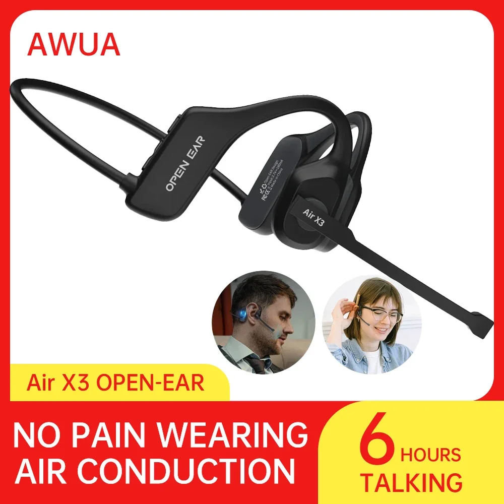 AWUA Handsfree Bluetooth Air Bone Conduction Earphones With Noise Cancelling Boom Microphone Business Open Ear Headphones