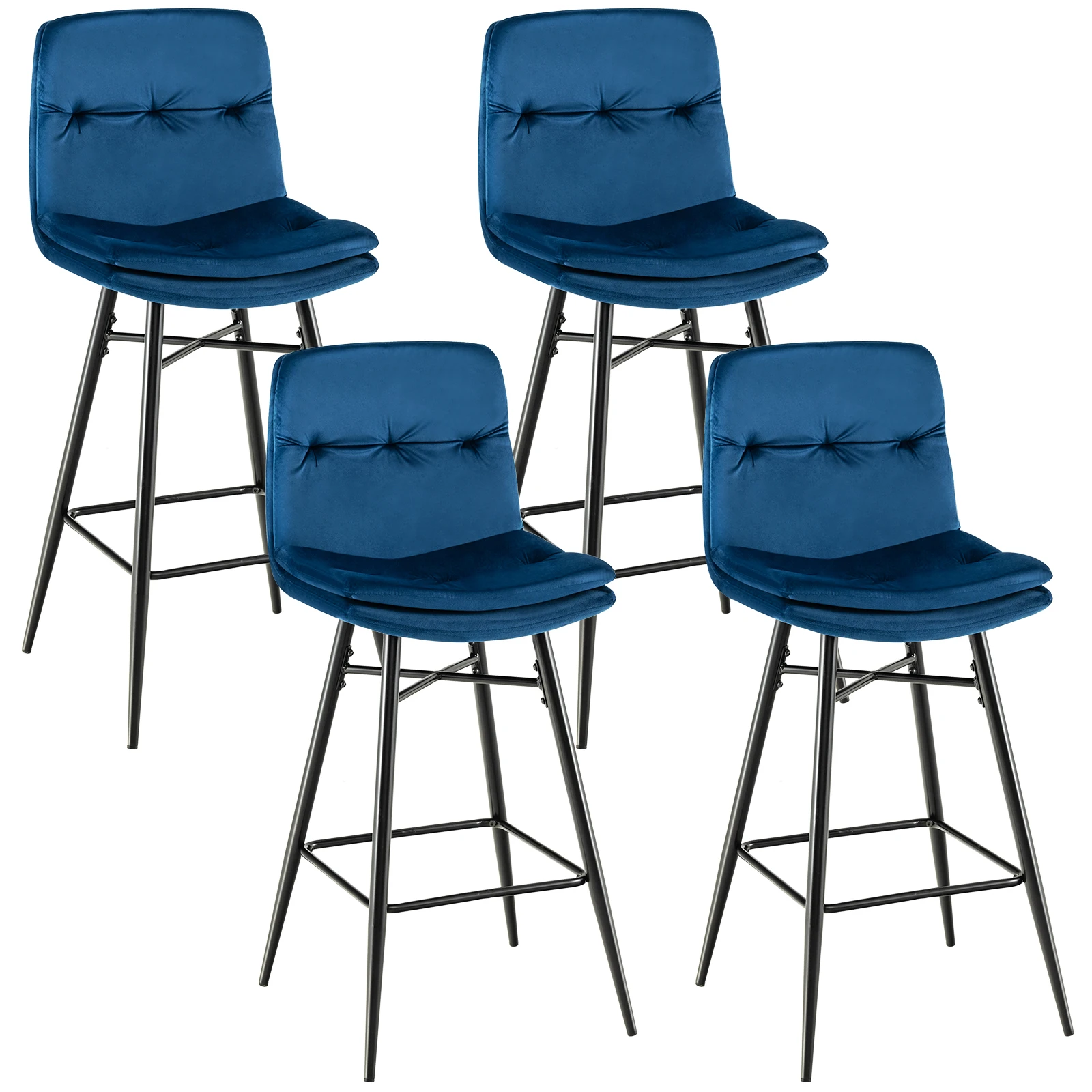 Set of 4 Velvet Bar Stools Bar Height Kitchen Dining Chairs w/ Metal Legs Blue