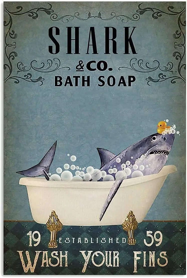 Cabenrm Bathroom Shark Retro Metal Tin Sign, Shark Bath Soap Bubble Poster Vintage Toilet Cave Bar Home Bathroom Wall Decor sign