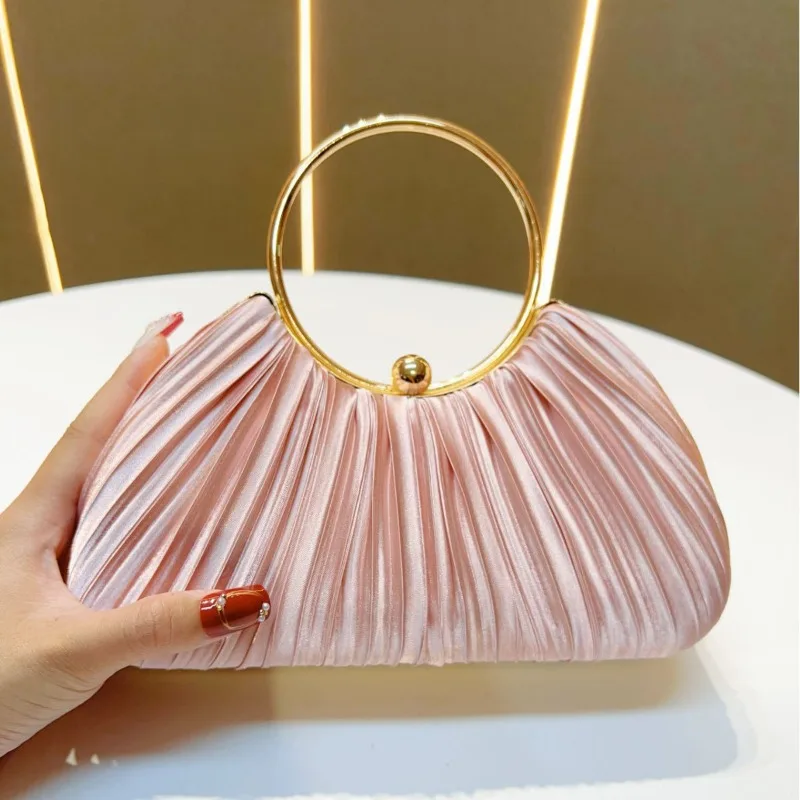Exquisite Abendtasche, elegante, tragbare Damen-Clutch, leichte Luxus-Handtasche aus einfarbigem Satin mit Falten, Geschenk für Mädchen
