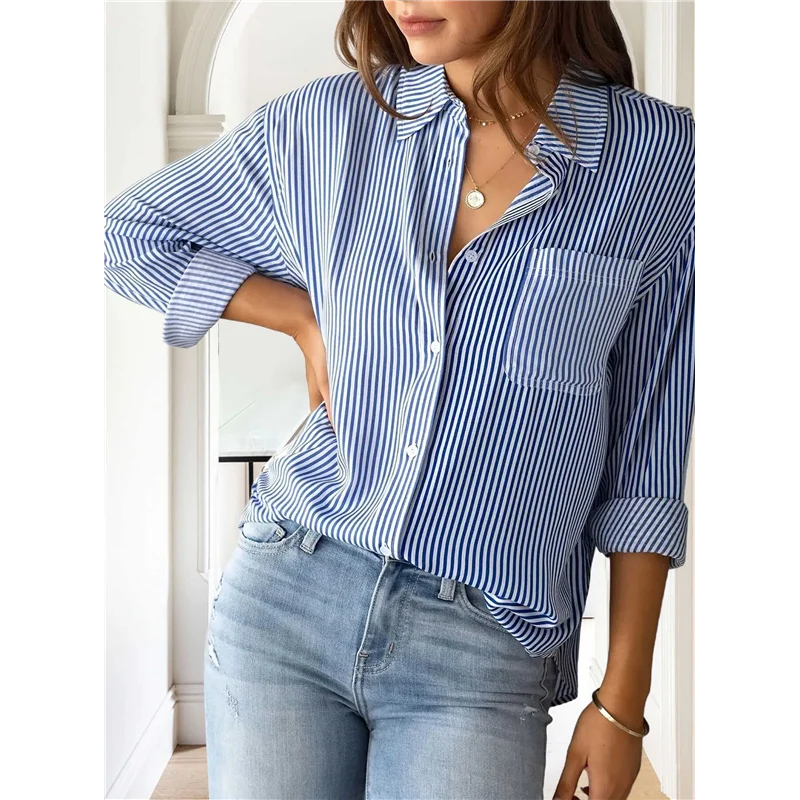 

CGS-Womens Button Down Shirts Striped Classic Long Sleeve Collared Office Work Blouses Tops With Pocket