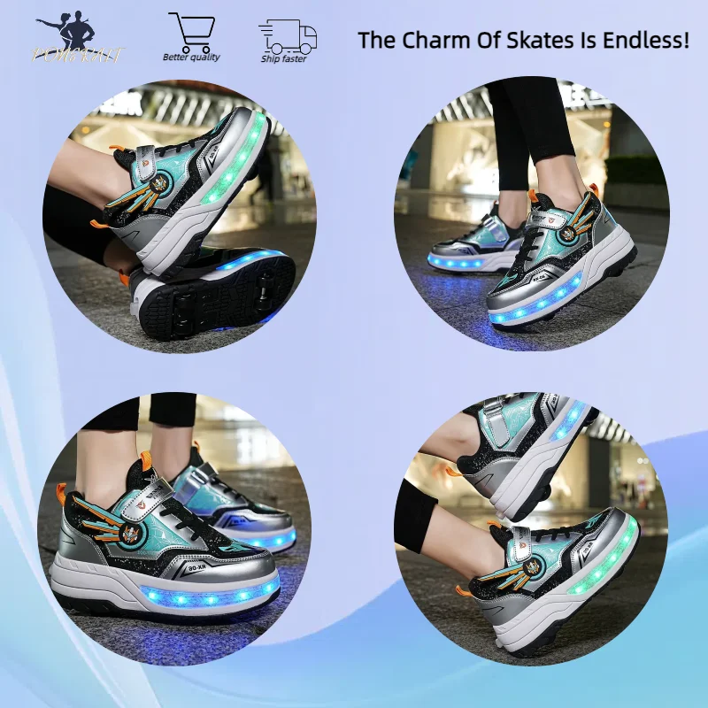 Fashionable Outdoor Boys Detachable Skates 4-Wheel Adjustable Roller Skates Light Up Boys Girls Casual Wheeled Sneakers