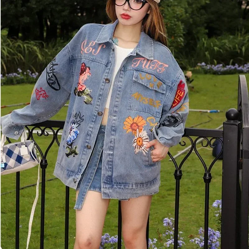 Women’s Jacket Streetwear Hip Hop Butterfly Floral Flowers Graphic Print Denim Jackets 2023 Harajuku Fashion Blue Jean Coats