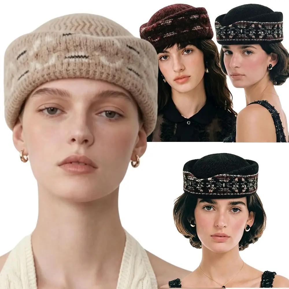Fair Isle Pattern Stewardess Beret Hat Faux Fur Trim Winter Knit Knit Beret Hat Jacquard Knit Pillbox Hat Airline Uniform