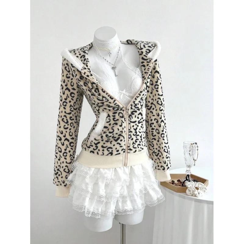 

Kawaii leopard print sexy Harajuku long-sleeved zip up hoodies for women y2k trendy fashion winter clothes women slim sweatshirt