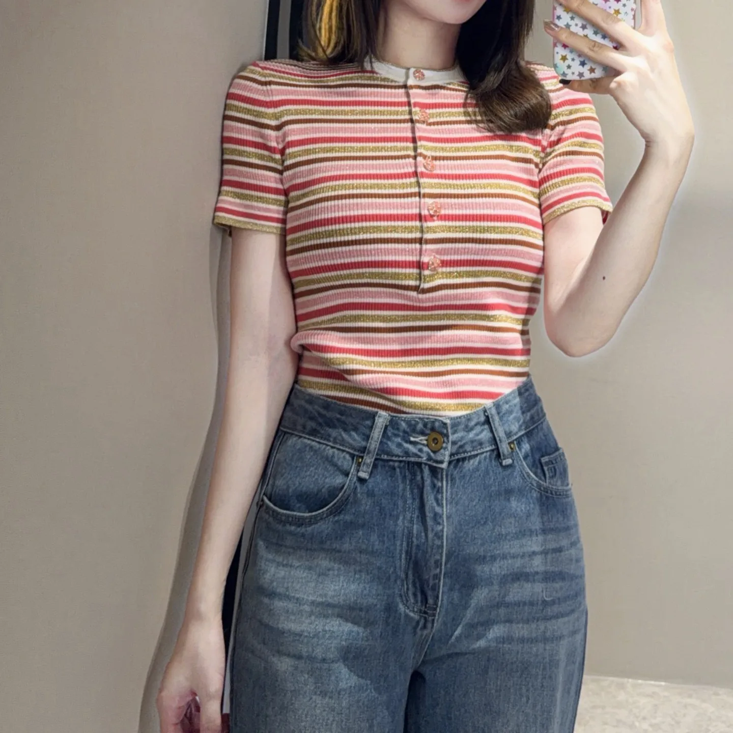 

2026 Spring New Striped Pink Color-Block Knitted Cashmere Cotton Short-Sleeve Top