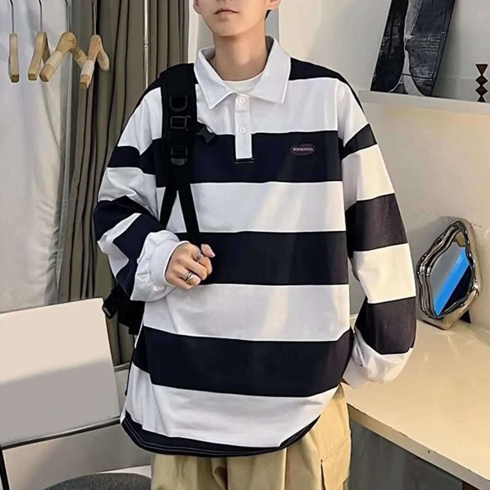 

Мужская полосатая толстовка с длинным рукавом и отложным воротником для весны и осени, повседневная, черно-белая, из полиэстера, стандартный крой, размеры M-3XL