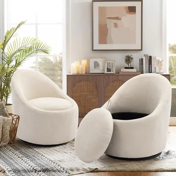 Image 360° Swivel Accent Chair with Hidden Storage, Modern Small Round Barrel Chair,  for Living Room/Bedroom-Beige