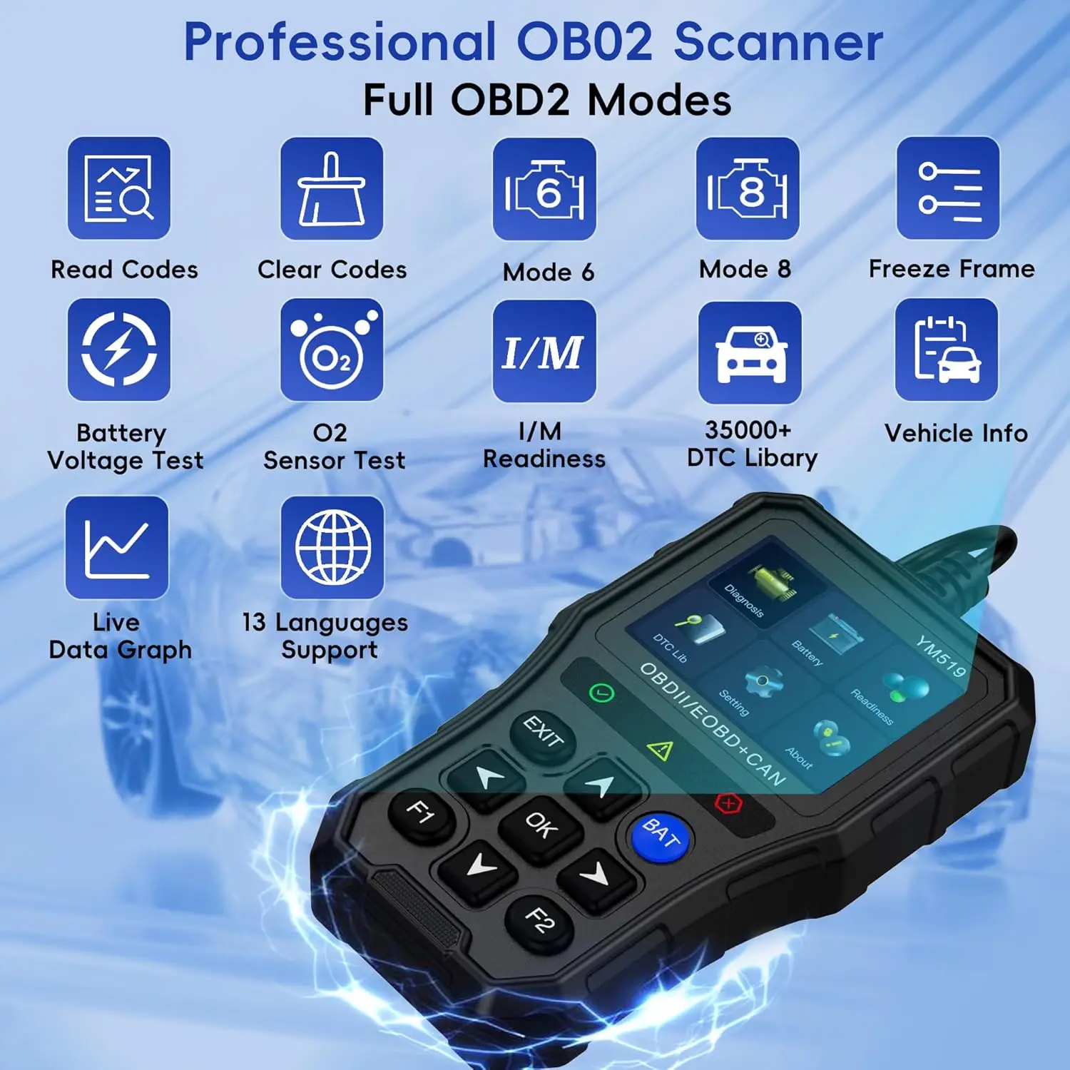 Multilingual Automotive Diagnostic Tool Battery Tester Check Engine System Fault Code Reader YM519 OBD2 Scanner