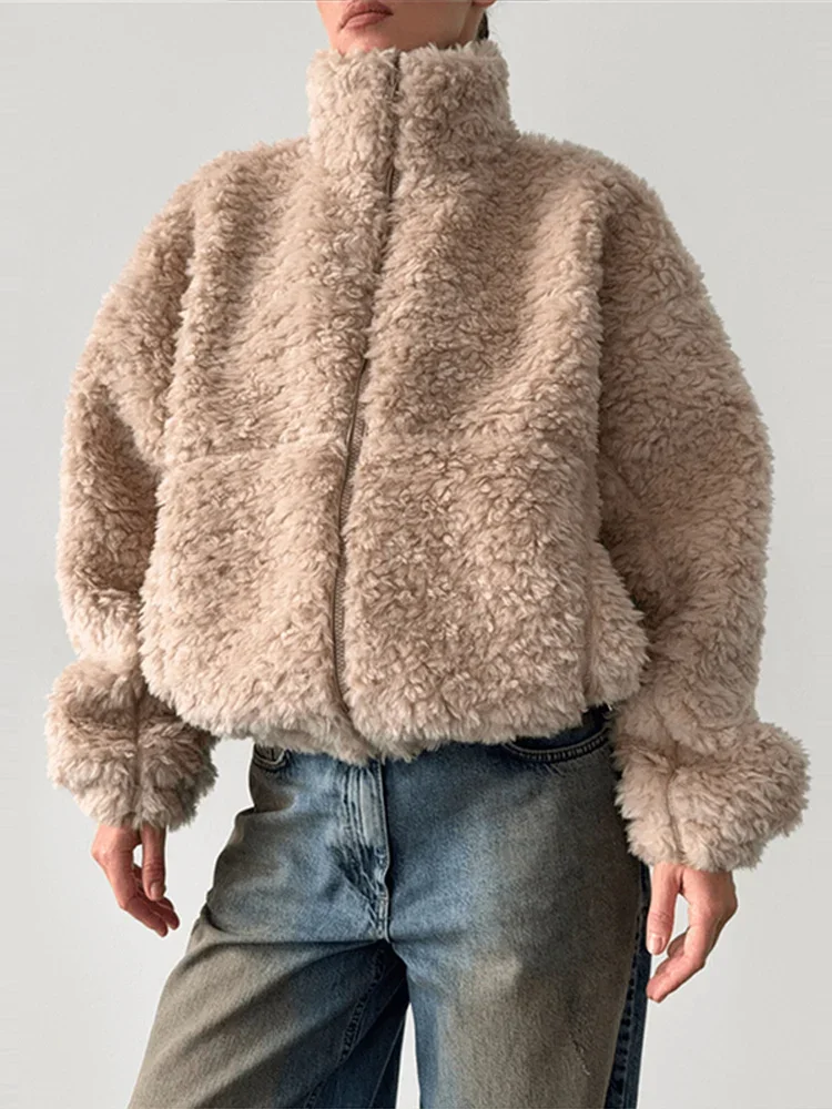 女性用秋冬シックカジュアルコート、無地スタンドネックラムフリースコート、レディースふわふわクロップドジッパー付きゆったり快適テディジャケット