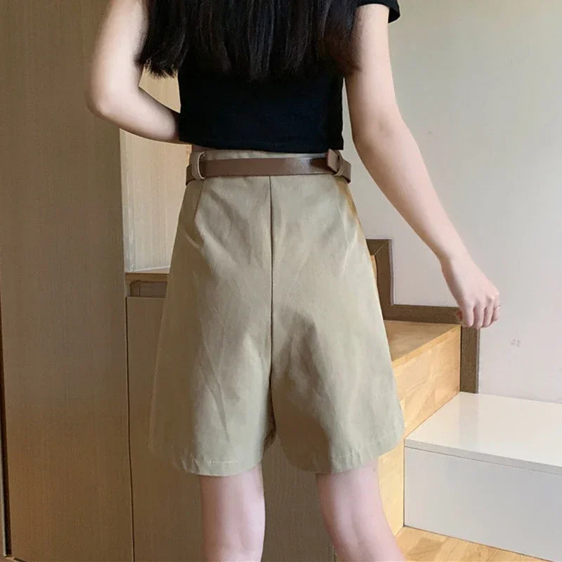 Women\' Summer Casual Shorts 2024 New Streetwear with Belt Cotton Wide Leg Shorts Female High Waist Straight Knee Length Pants