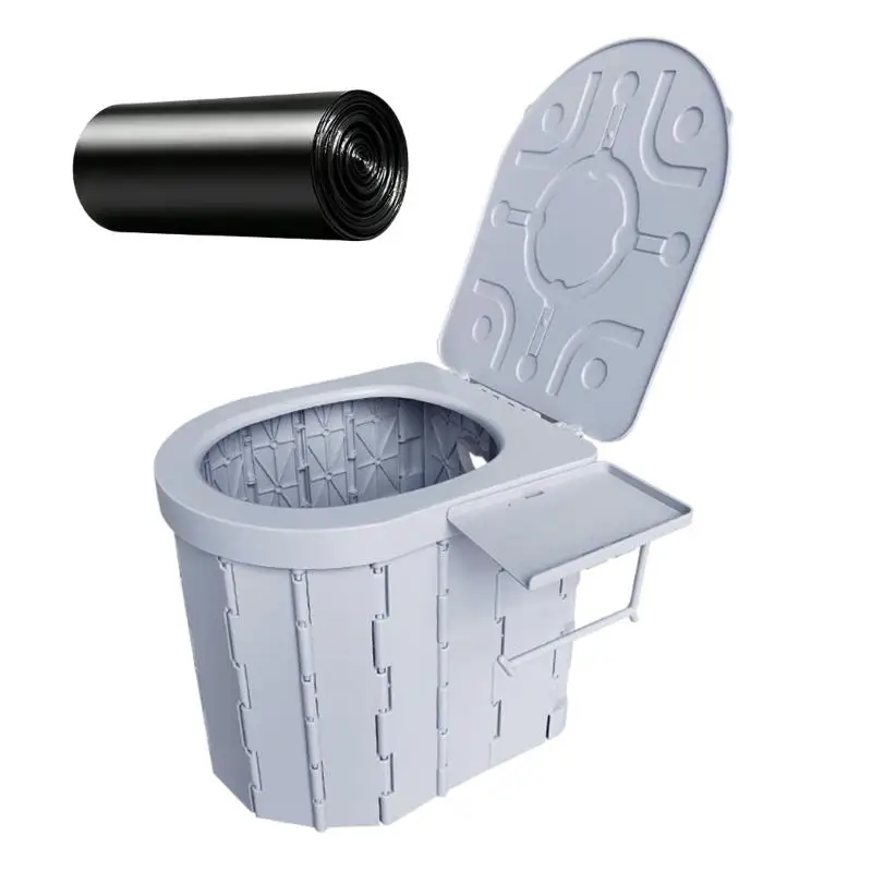 Collapsible Camping Toilet Design for Vehicle Travel, Plastic Commode with Hinged Lid and Removable Paper Roll Mount