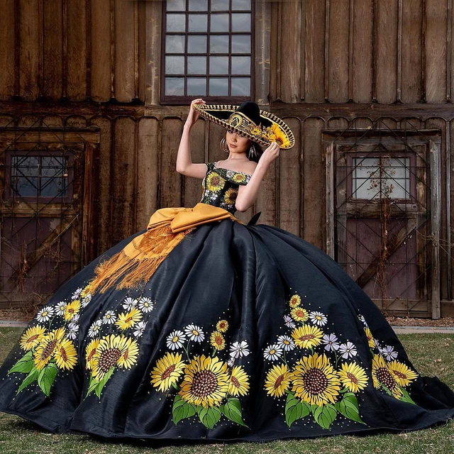 Vestido de quinceanera negro con girasol bordado mexicano vestido de baile con lazo hombros descubiertos Charro dulce 16 vestidos AliExpress