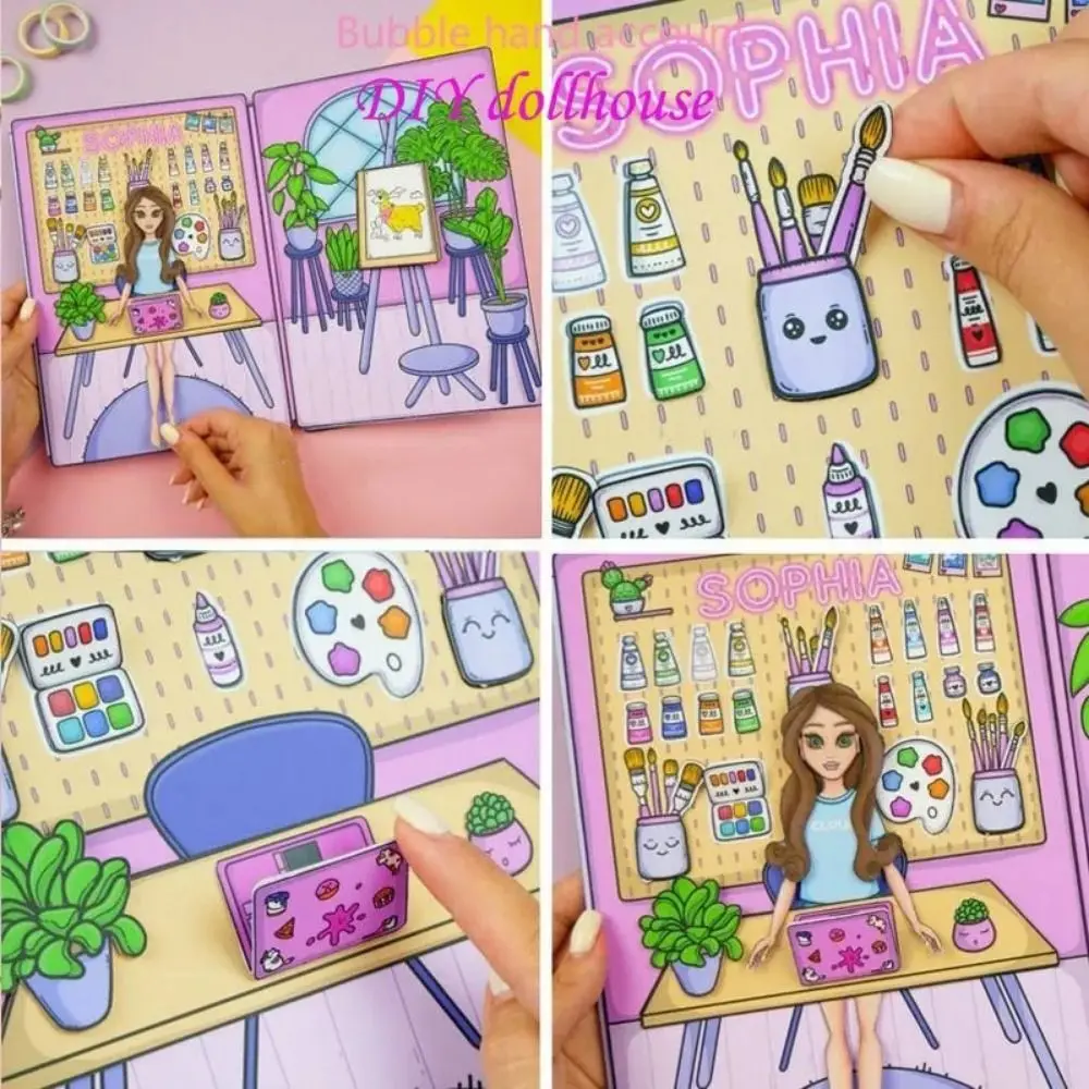 No Cutting Paper Doll House Girl Play Repeatedly DIY Toy Paper Doll Quiet Book Manual Sticker Handmade DIY Cute Princess Book