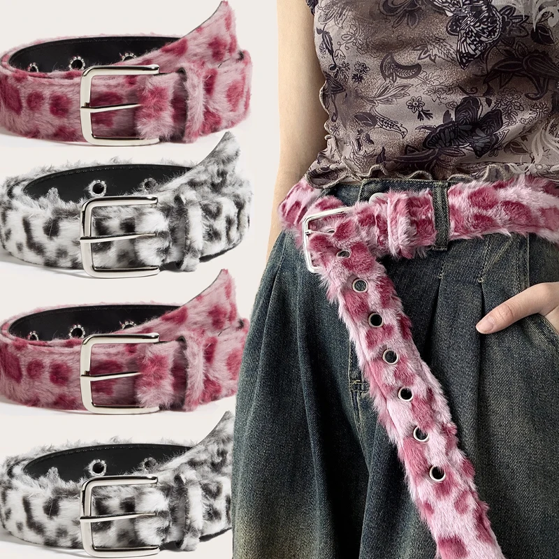 New Y2k Pink Leopard Pattern Plush Belt Pink Belt Punk Fashion Versatile Wide Edition Light Luxury Comfortable Girl Fury Belt