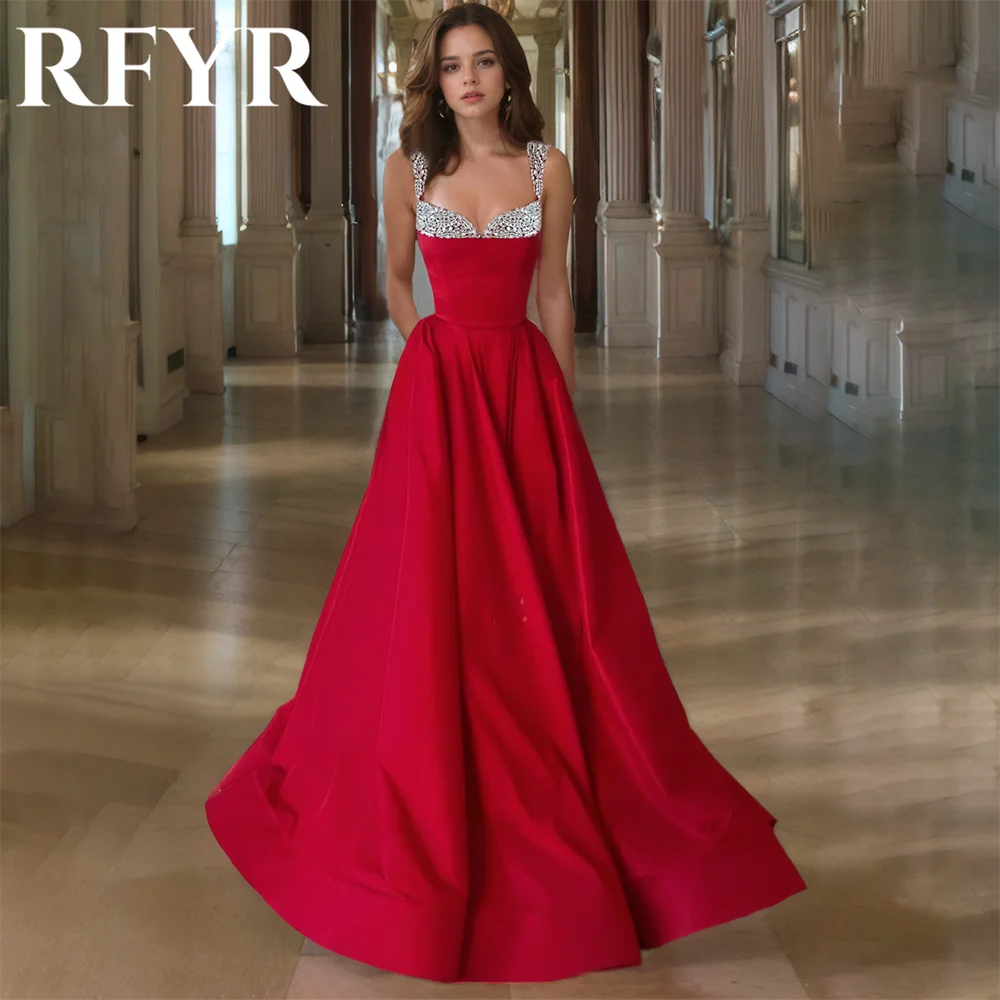 

RFYR Red Prom Dresses Beaded Evening Dress with Pleat Satin A-Line Party Dress for Women robe soirée Party Dresses Customized