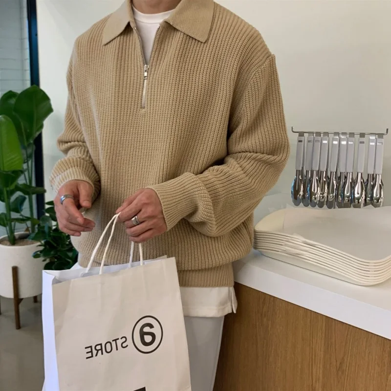 

Men's Autumn Winter Thiened f Zipper Knitted Sweater Loose Fit Turn-down Collar Casual Sle Long Sve Color