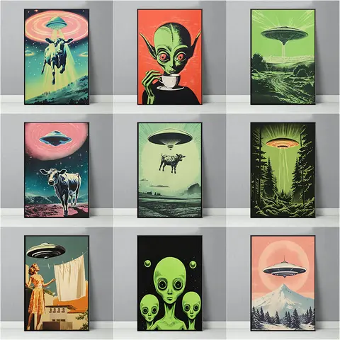 Engraçado Retro UFO Poster, Disco Voador, Vacas Sequestradoras, Alienígena, Beber Impressão De Café, Pintura Da Lona, Wall Art Picture, Home Decor