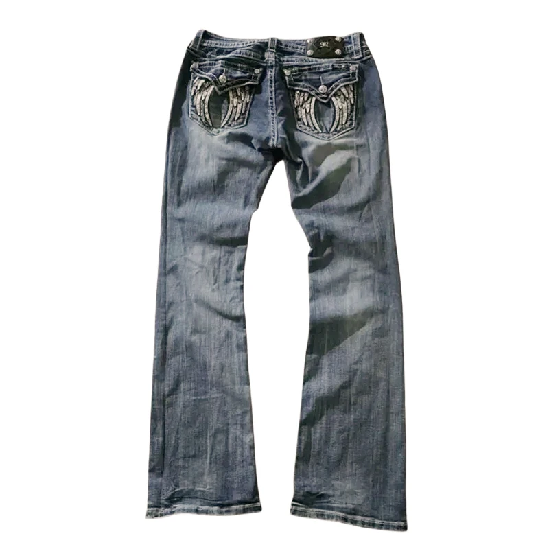 90s جينز عتيق للسيدات Y2K جينز أزرق جديد مطرز بجيب على الجناح الهيب هوب Harajuku سراويل واسعة على الطراز القوطي ملابس خروج نسائية #5