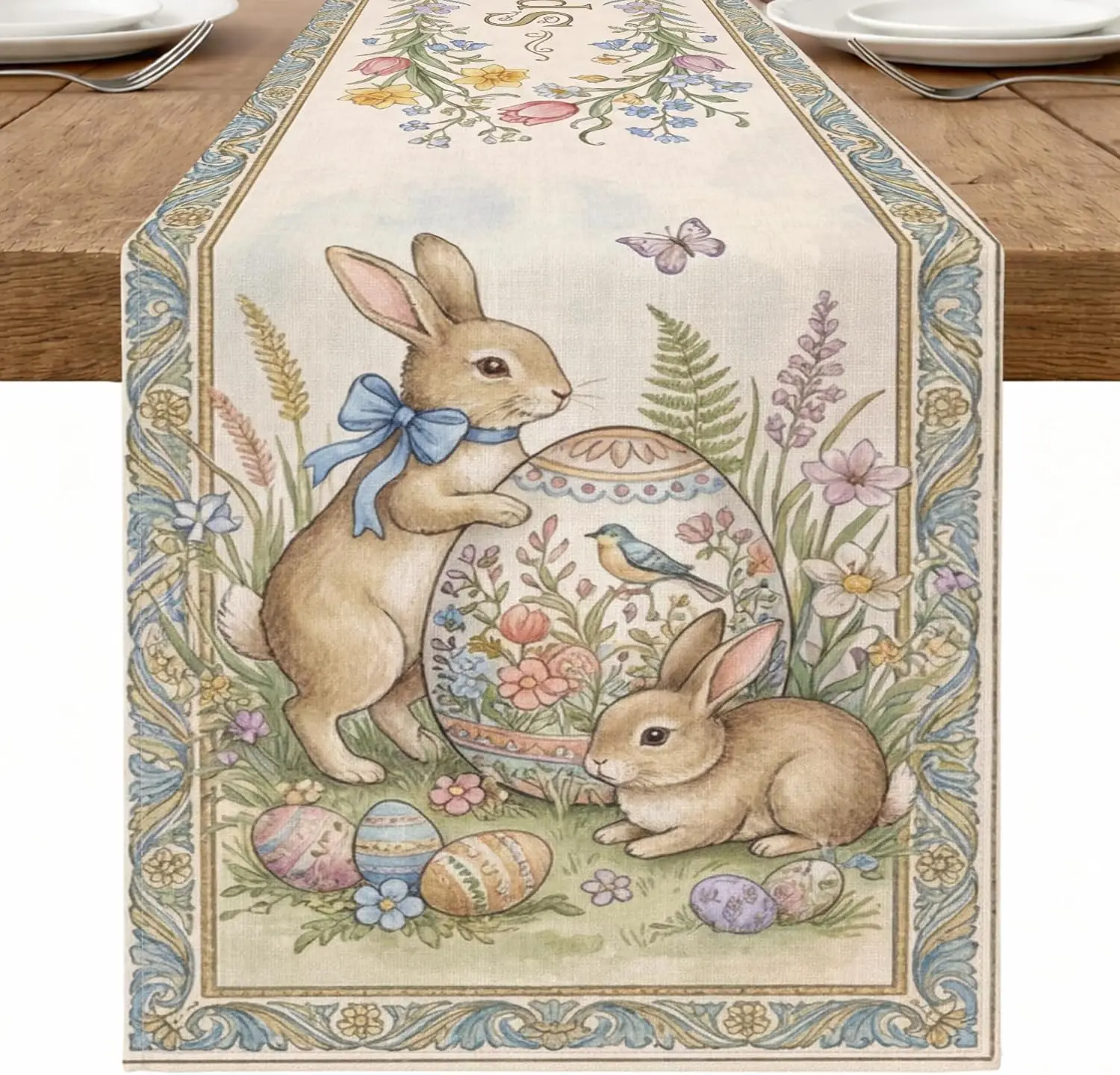 Easter Buuny Eggs Floral Linen Table Runner Party Decor Reusable Farmhouse Kitchen Dining Table Runner Easter Decorations