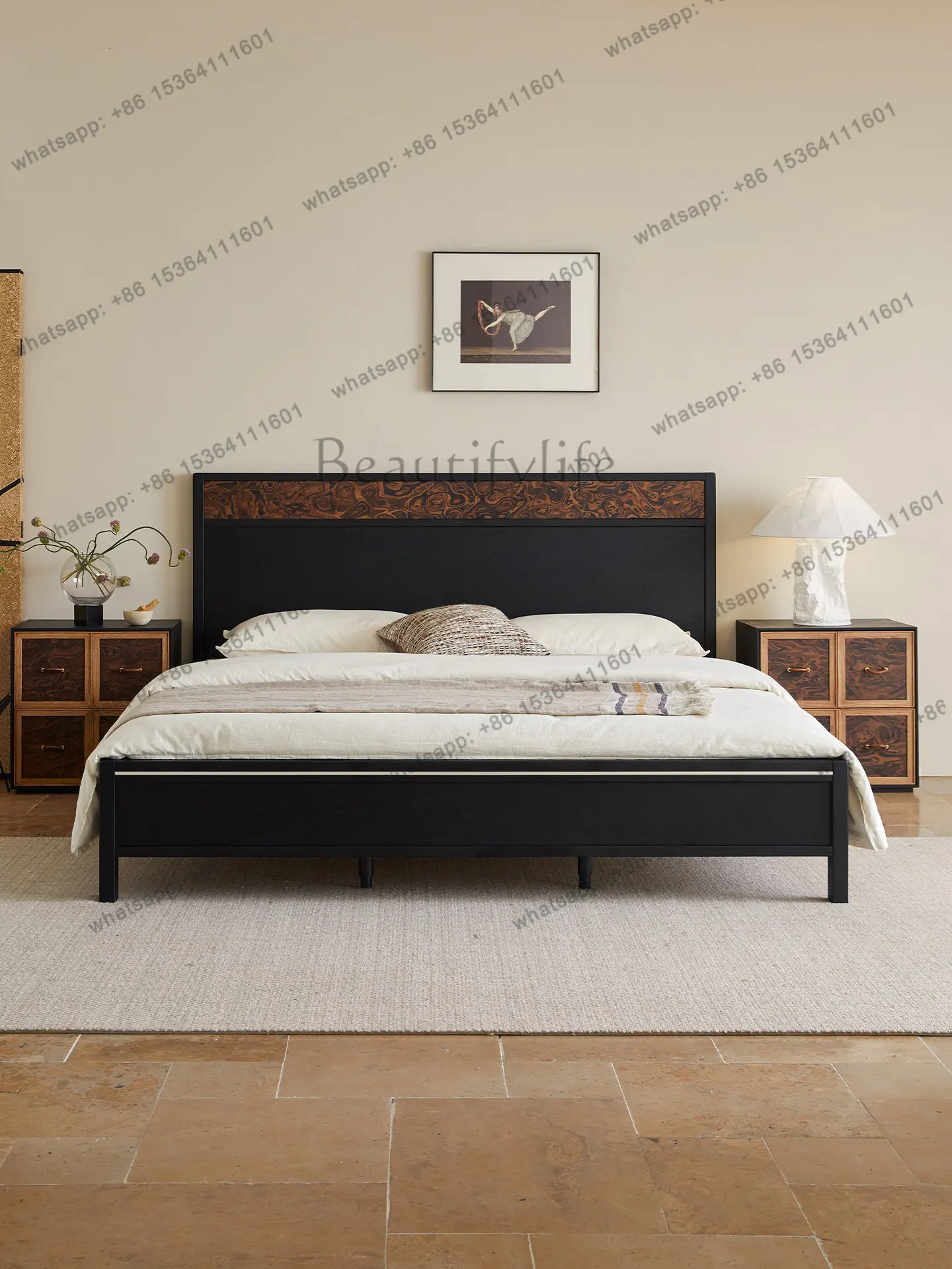 

French retro master bedroom 1.8 meters solid wood double bed medium ancient style 1.5 meters small apartment red oak bed