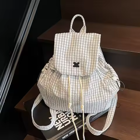 2025 New Women's Split Type Grid Canvas Mountaineering Bag College Double Shoulder Casual Backpack Single Shoulder Bucket Bag