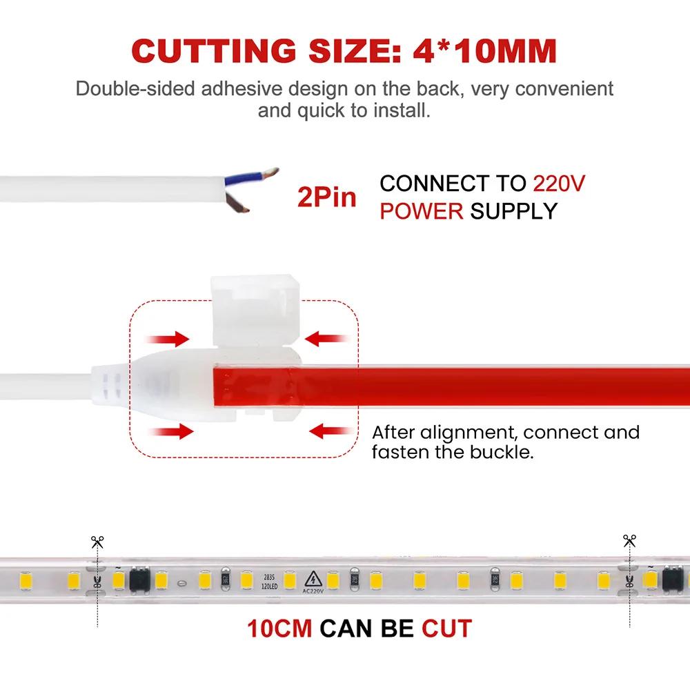 Ściemnialne taśmy LED 220 V 2835 120 diod LED/m 0,5 m 1 m 2 m 5 m 10 m 20 m 30 m Wodoodporna zewnętrzna taśma diodowa o wysokiej jasności