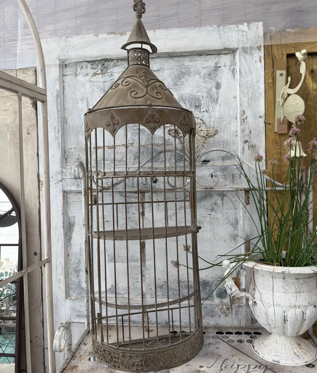 

Vintage Decorative Bird Cage Display Stand, Metal Fleur-de-lis Design, 40.5"H x 12.5"W x 6.7"D, Bronze