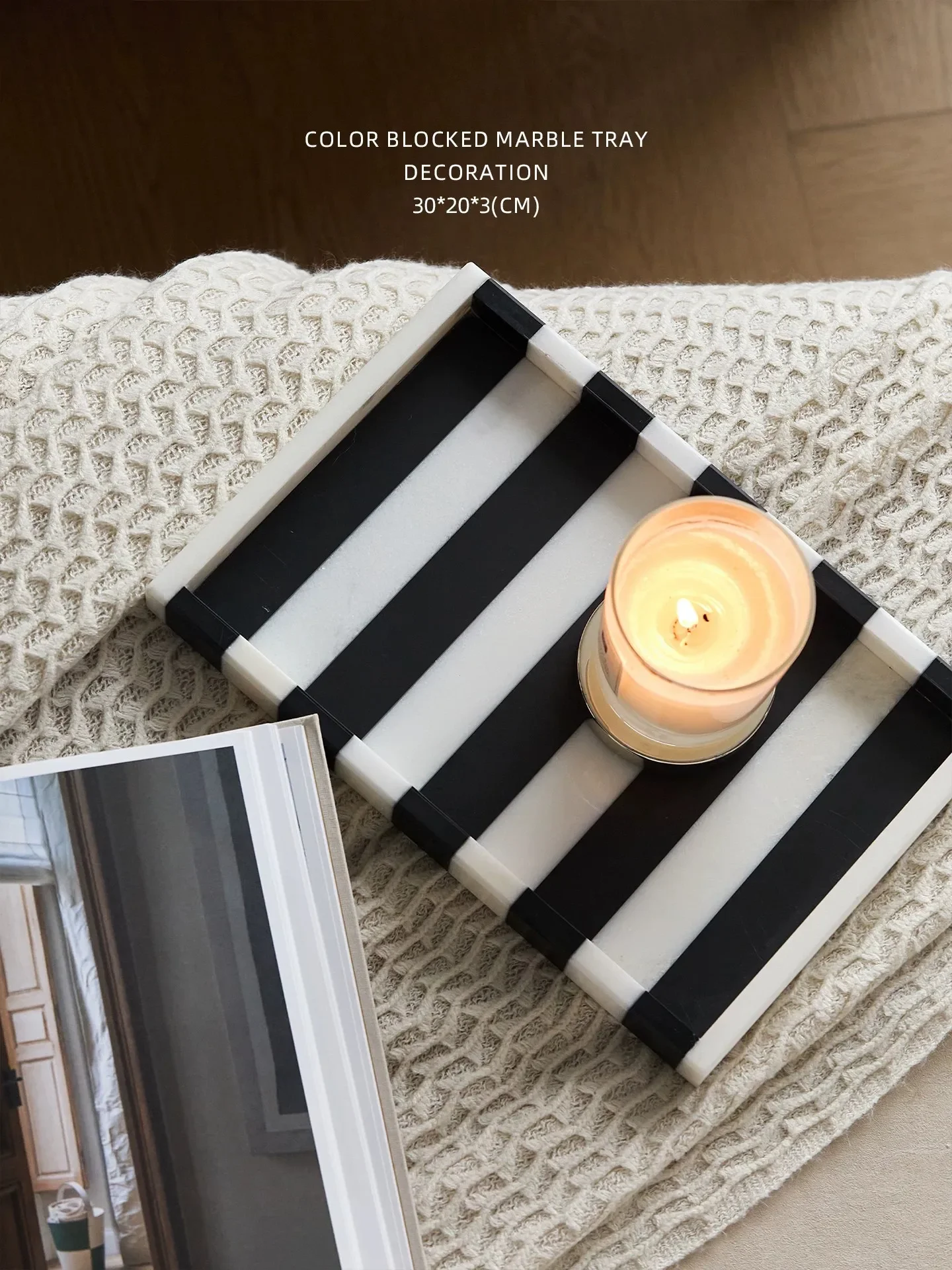 Miri Island Home Natural Black  White Stripes Dali Stone Home Bathroom Rectangular Tea Set Storage Table Tray Plate Arrangement