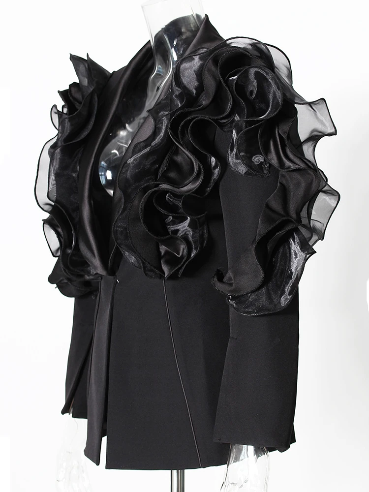 Feminino preto babados em forma elegante fino blazer nova lapela manga longa jaqueta moda maré primavera outono 2025 novos casacos e jaquetas