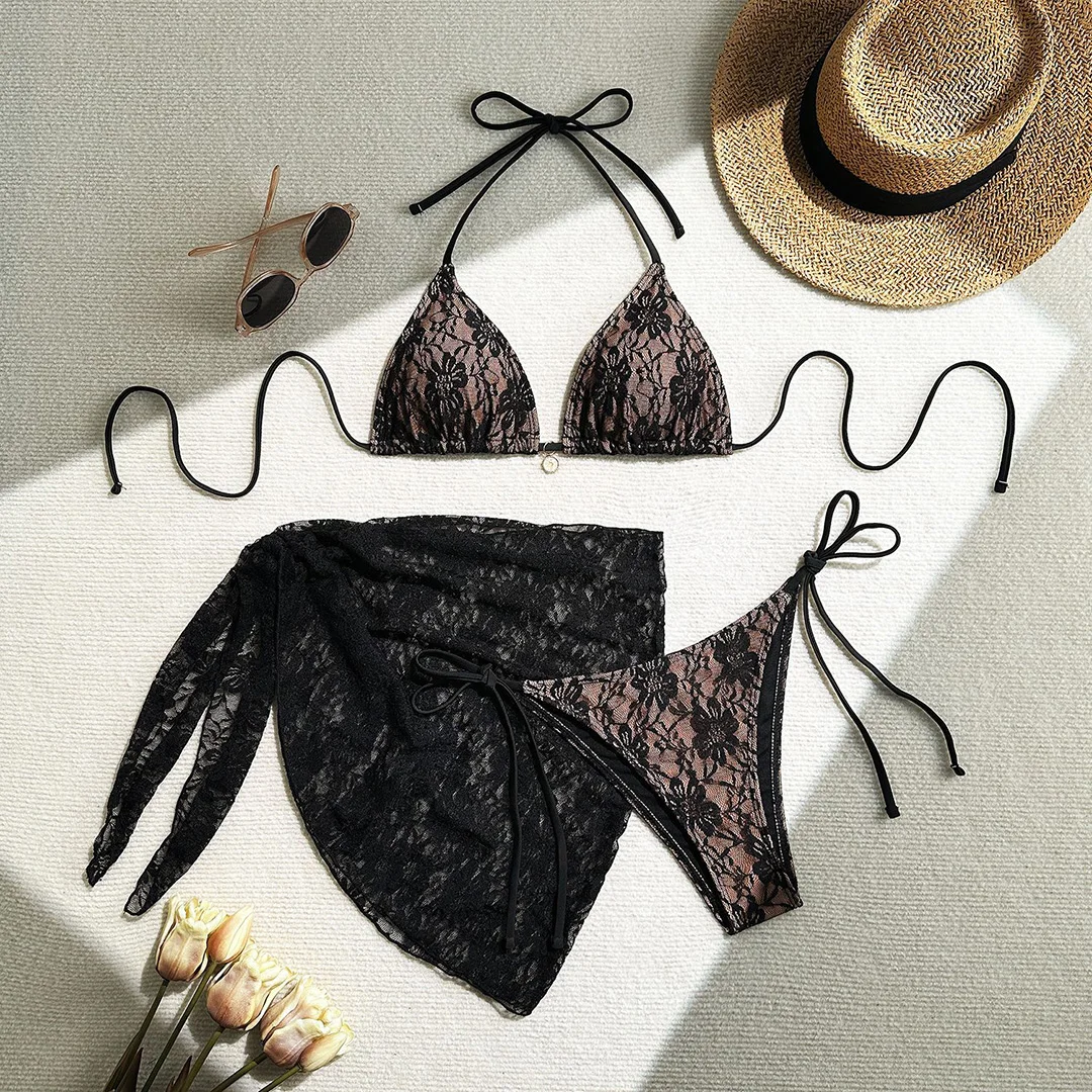 Netz-Sarong-Spitzen-Bikini mit Neckholder und hohem Beinausschnitt, Damen-Badeanzug, dreiteiliges Bikini-Set, Badebekleidung, Badeanzug, Schwimmanzug V6284H – Detail 27