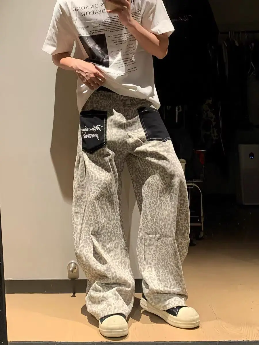 Men's Retro Leopard Print Patchwork Pocket Sweatpants Sporty Style Summer Pants Boys Bottoms Male Wide Leg Straight Trousers