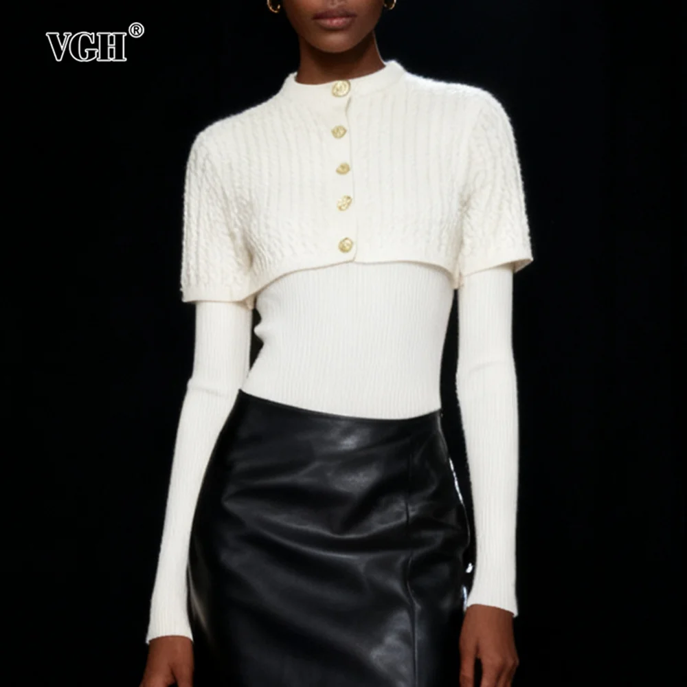 

VGH Solid Design Sense Slimming Twp Piece Sets For Women Round Neck Shawl Coat Long Sleeve Top Autumn Chic Set Female Fashion