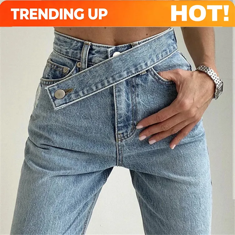 Customization Women's Pants Straight Floor Pants High Waist Oblique Belt Loose Wide-leg Denim Trousers Y2k Clothes Women Pants