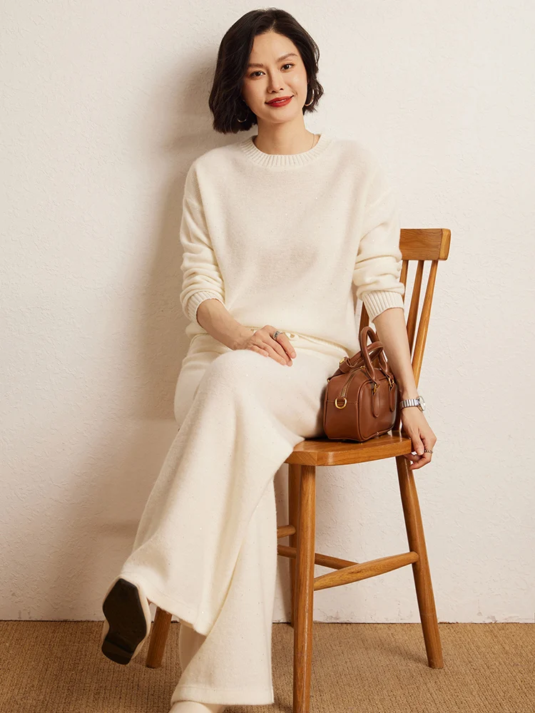 

Women 100% Cashmere Pullover Wide Leg Pants Set Thick Warm O-Neck Sweater Loose Long Trousers Autumn Winter Cashmere Outfit Suit